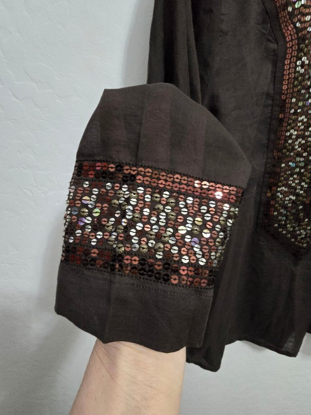 NWT Chicos Size 0 Bronze/Brown Gild Livian Long Sleeve Tunic Sequins 100% Cotton - Picture 8 of 12